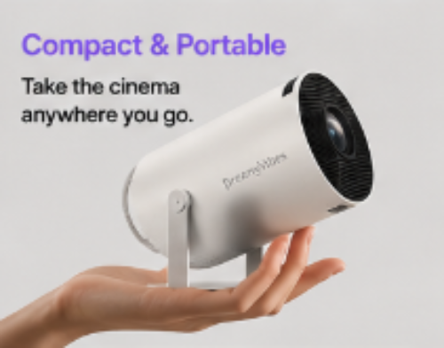 Hand holding a compact camera with text 'Compact & Portable' on a light gray background